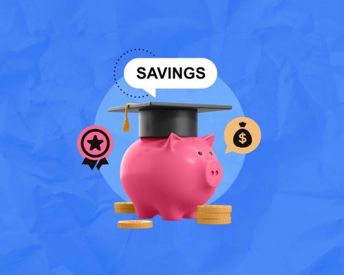 Pink piggy bank in graduation cap with coins and financial icons, 3D Rendering style, on blue textured background. Concept of education savings